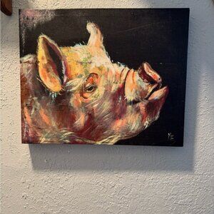 Original Pig Painting, Animal Farmhouse Wall Art, Signed Canvas Artwork